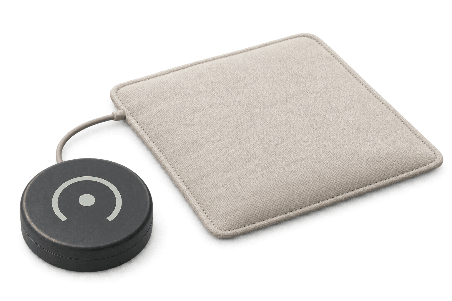 Illustration of a small round LUNAKARE Life sensor with a separate thin bed pad.